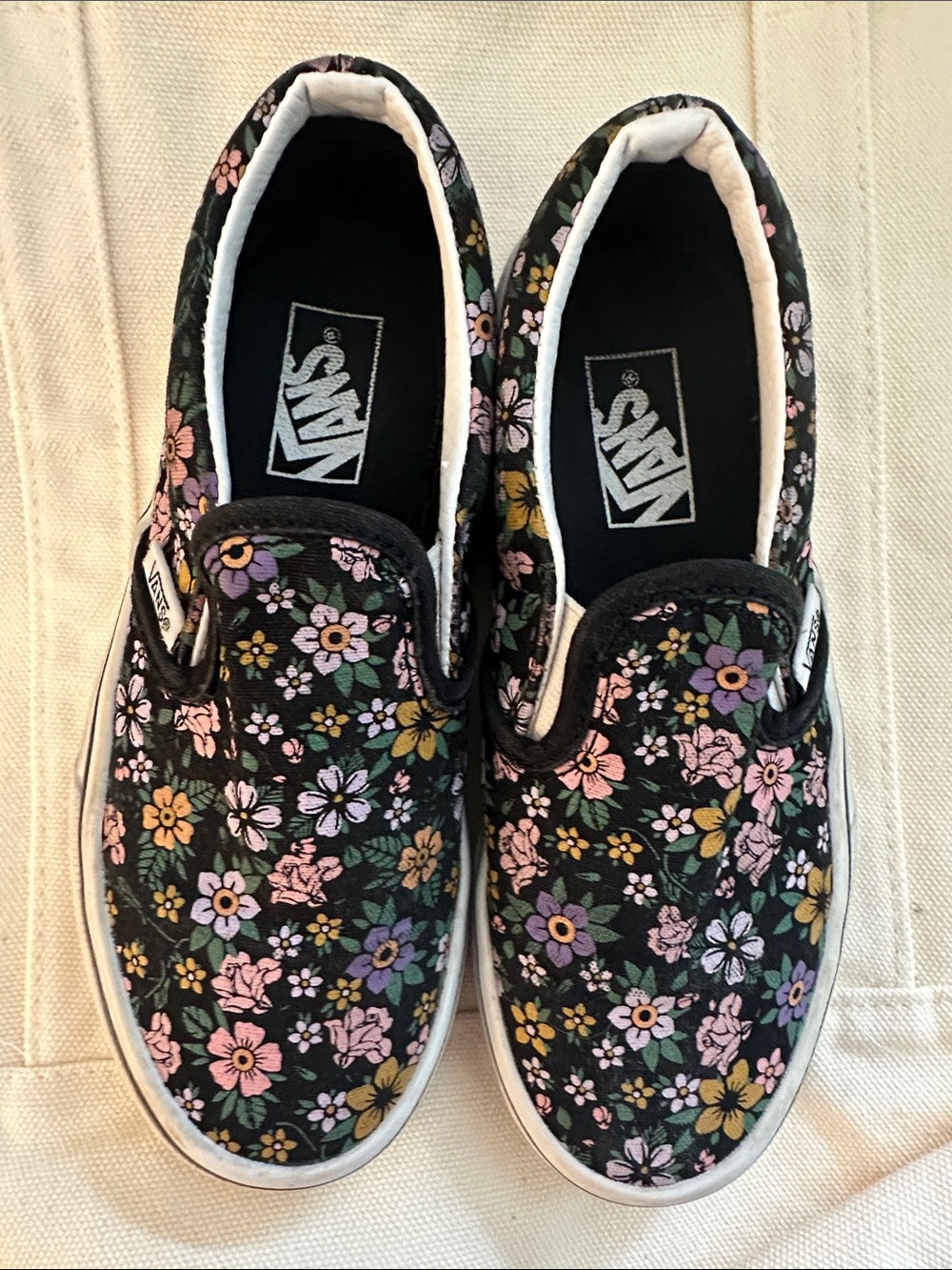 Vans Black Floral Slip-On Sneakers with Pink, Purple & Yellow Flowers